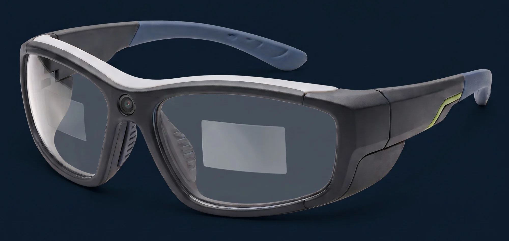 Smart Safety Glasses: dark wraparound safety frame with a small camera at the bridge, a display in the right lens, and blue temple arms